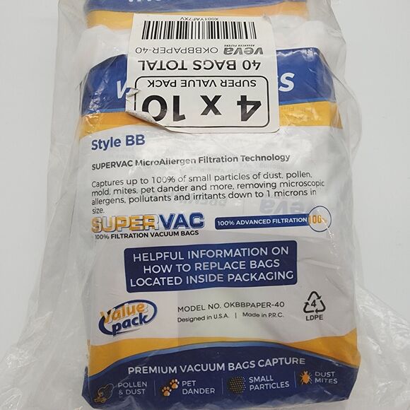 VEVA Premium Vacuum Bags Type BB 40 Count Super Vac 100% Filtration OKBBPAPER - Picture 8 of 8